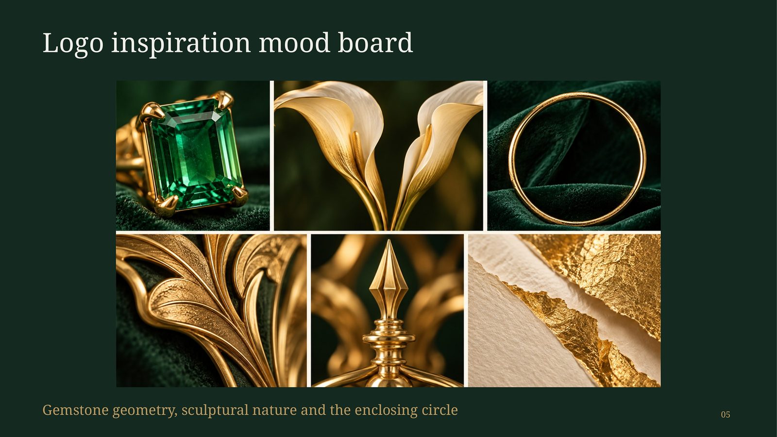 Logo inspiration mood board: gemstone geometry, sculptural nature and the enclosing circle