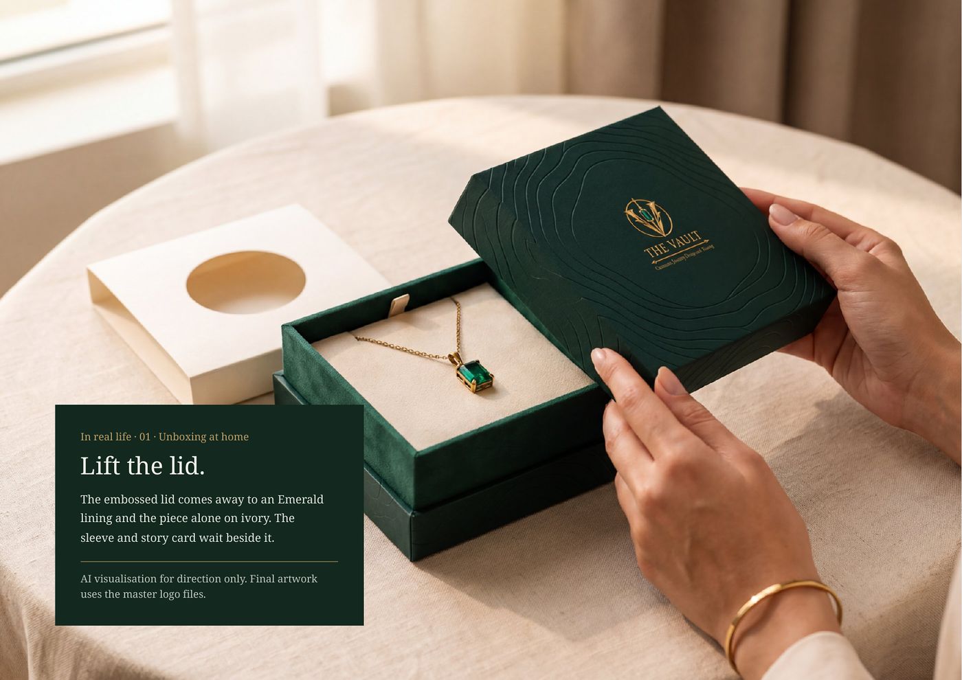 Unboxing at home: the embossed lid lifted to an Emerald lining and a pendant on ivory