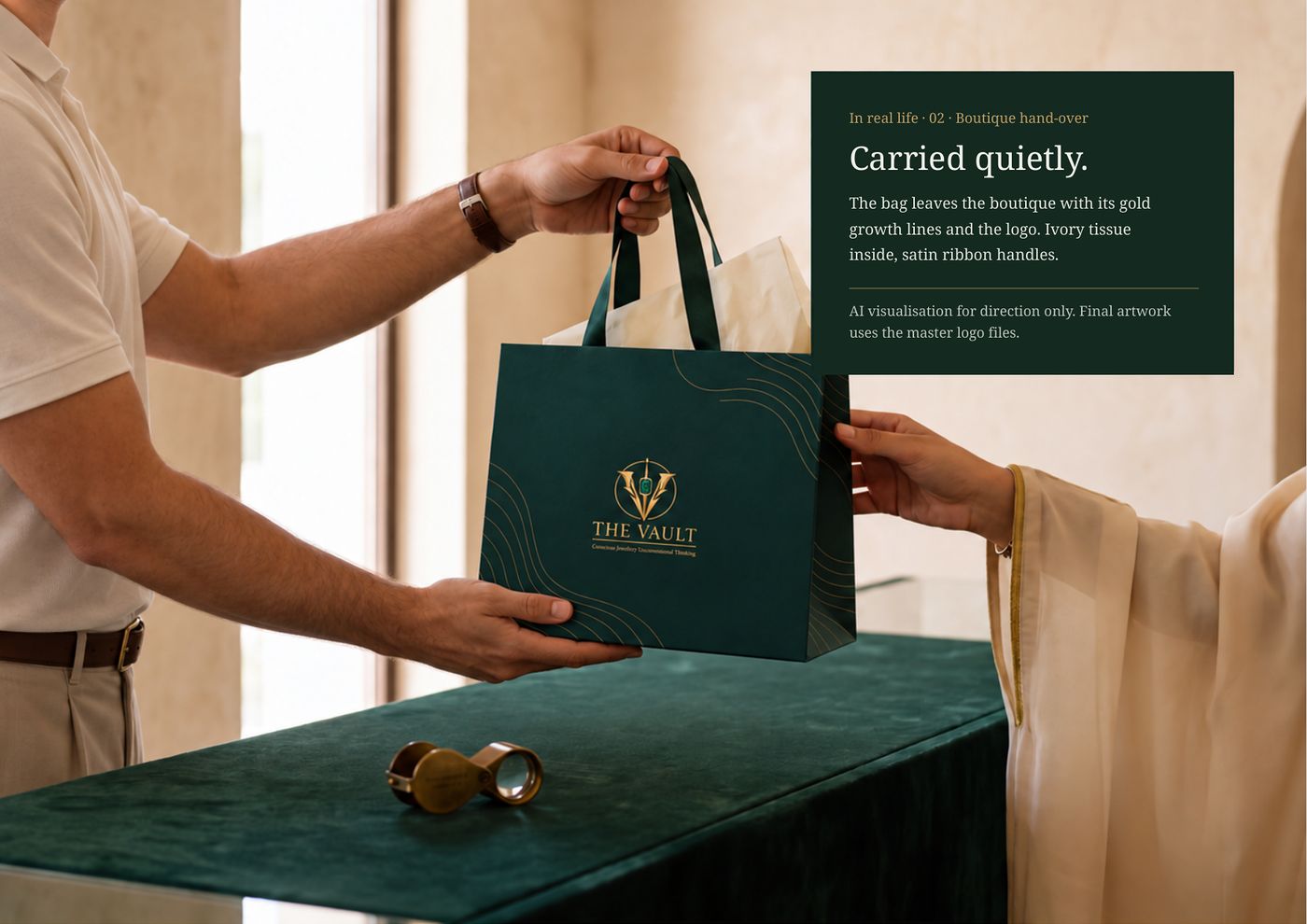 Boutique hand-over: the Vault Green bag with gold growth lines, carried quietly