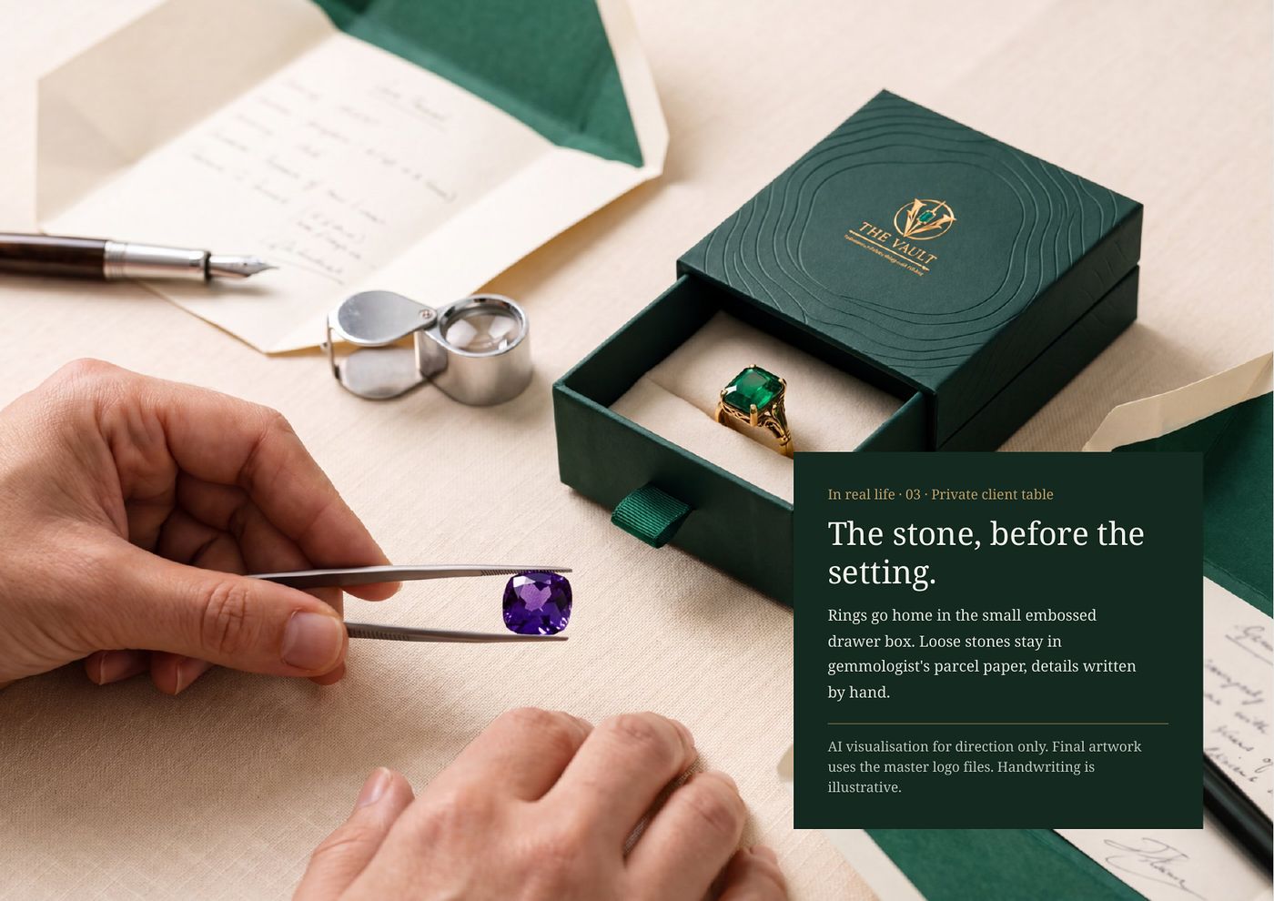 Private client table: an emerald ring in the open drawer box beside a loose stone held in tweezers