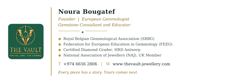 Email signature: THE VAULT logo, Noura Bougatef, Founder, European Gemmologist, Gemstone Consultant and Educator, her four memberships, telephone +974 6656 2806, www.thevault-jewellery.com and the line Every piece has a story. Yours comes next.