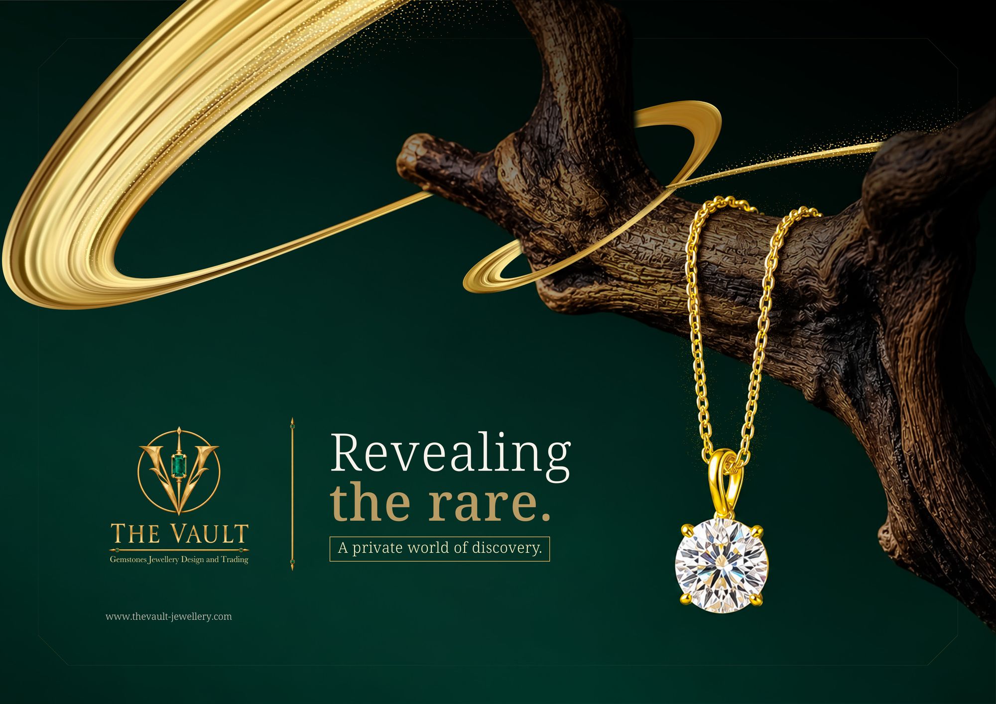 The banner: Revealing the rare, a pendant hanging from a branch on Vault Green