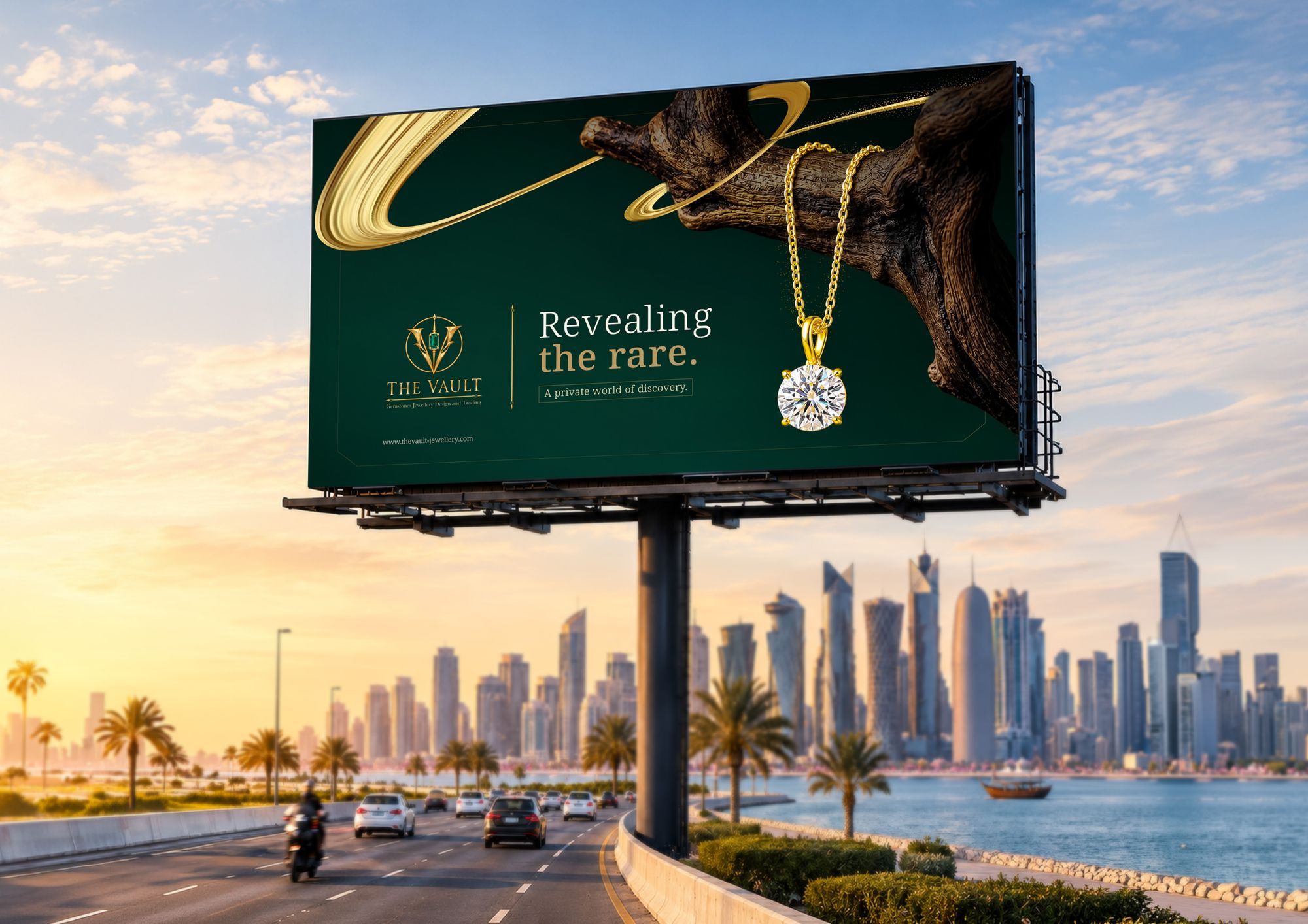 The banner on a billboard along the Doha waterfront at sunset