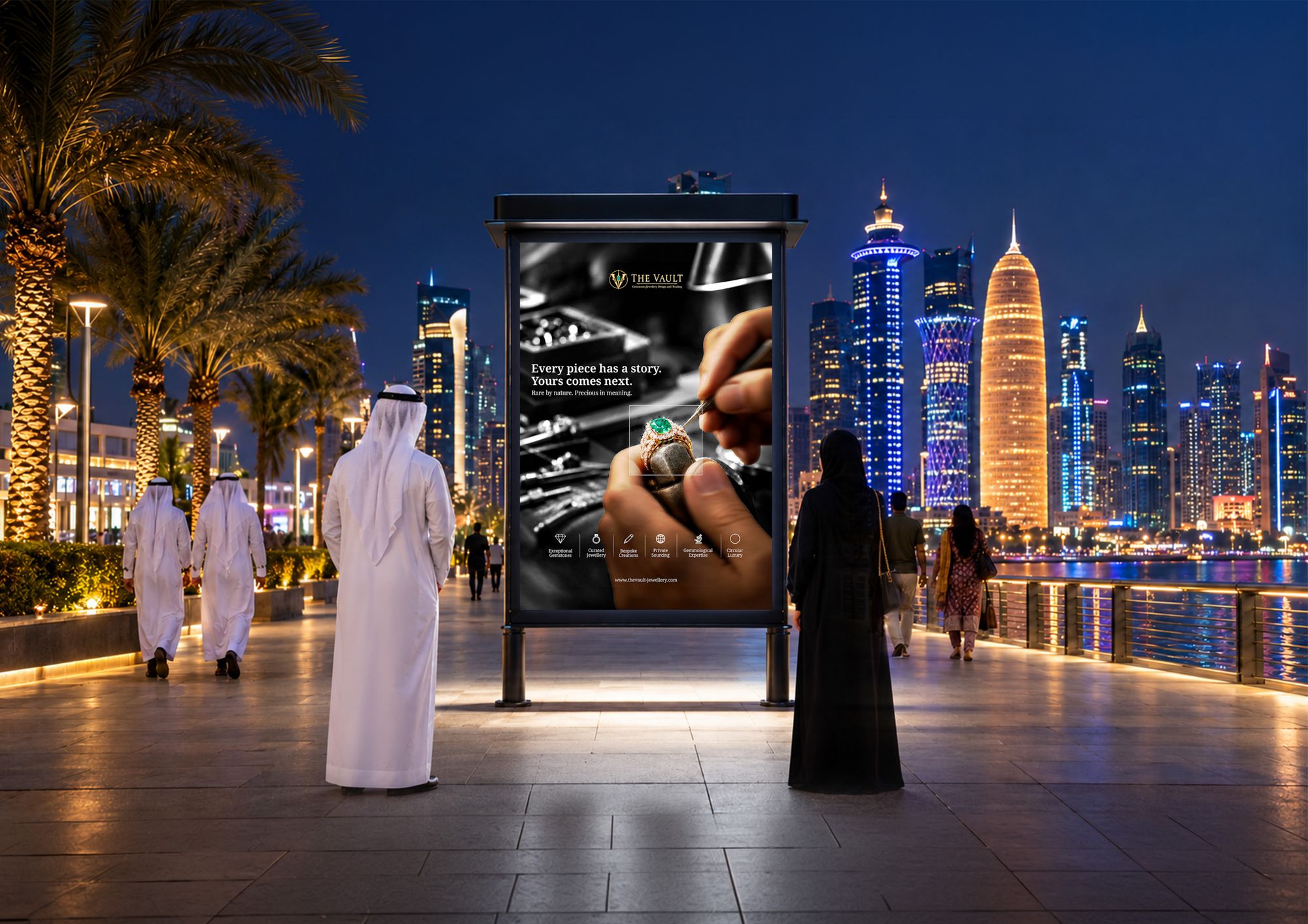 The Every piece has a story poster in a lit display on the Corniche at night