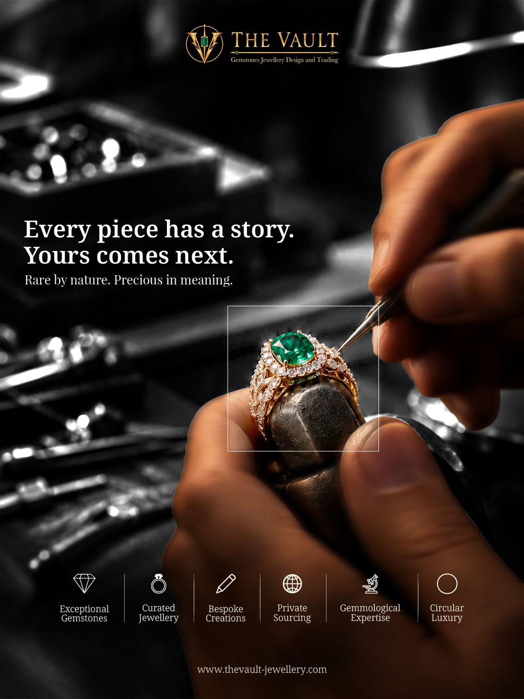 Post: Every piece has a story. Yours comes next. Rare by nature. Precious in meaning. A hand setting an emerald ring at the bench, with the six services along the foot