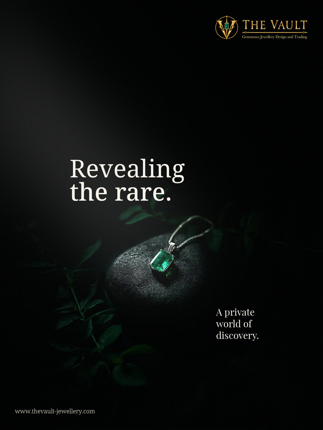 Post: Revealing the rare. A private world of discovery. An emerald pendant resting on a dark stone among leaves