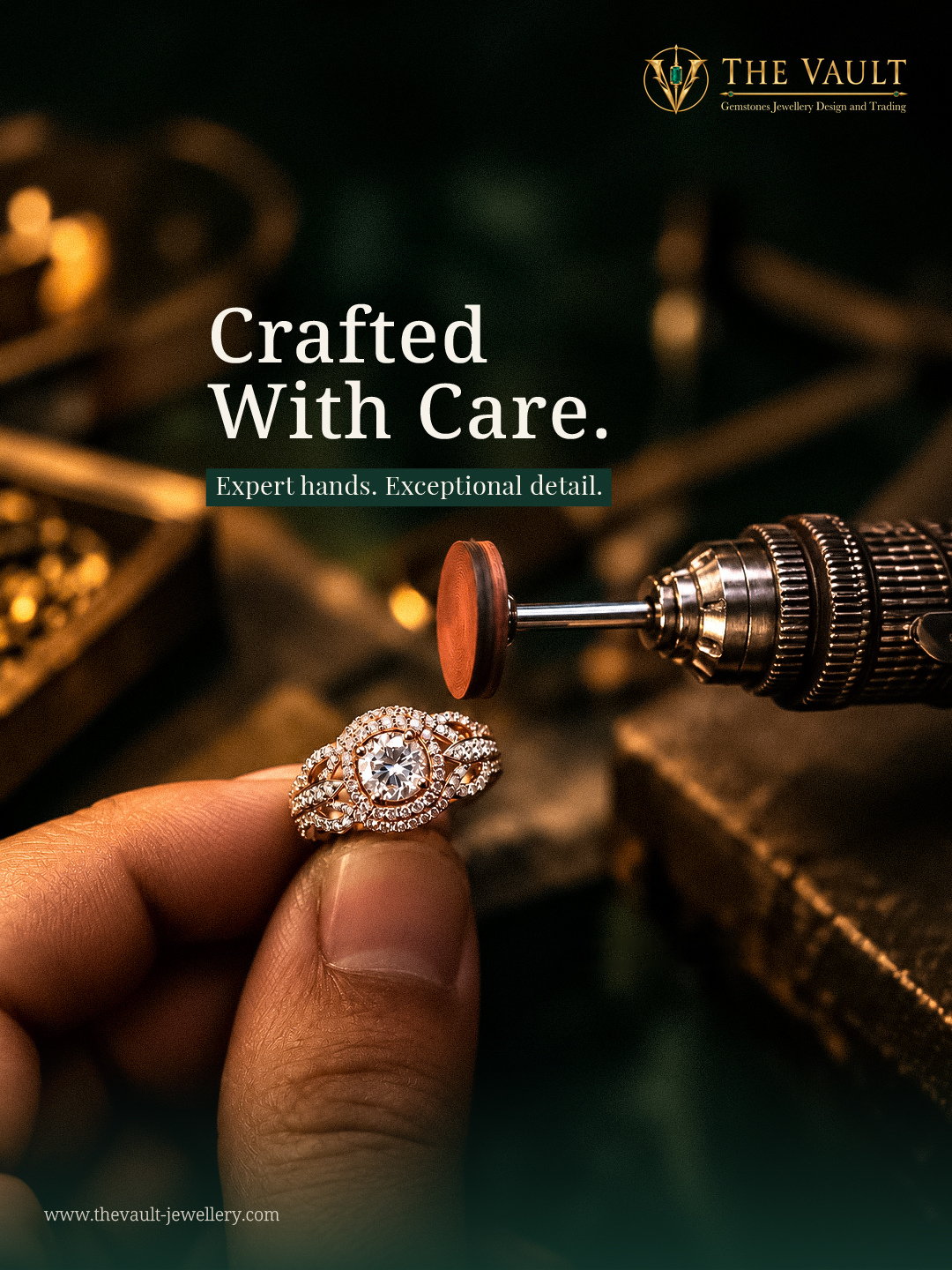 Post: Crafted with care. Expert hands. Exceptional detail. A hand holding a diamond ring beside a polishing wheel