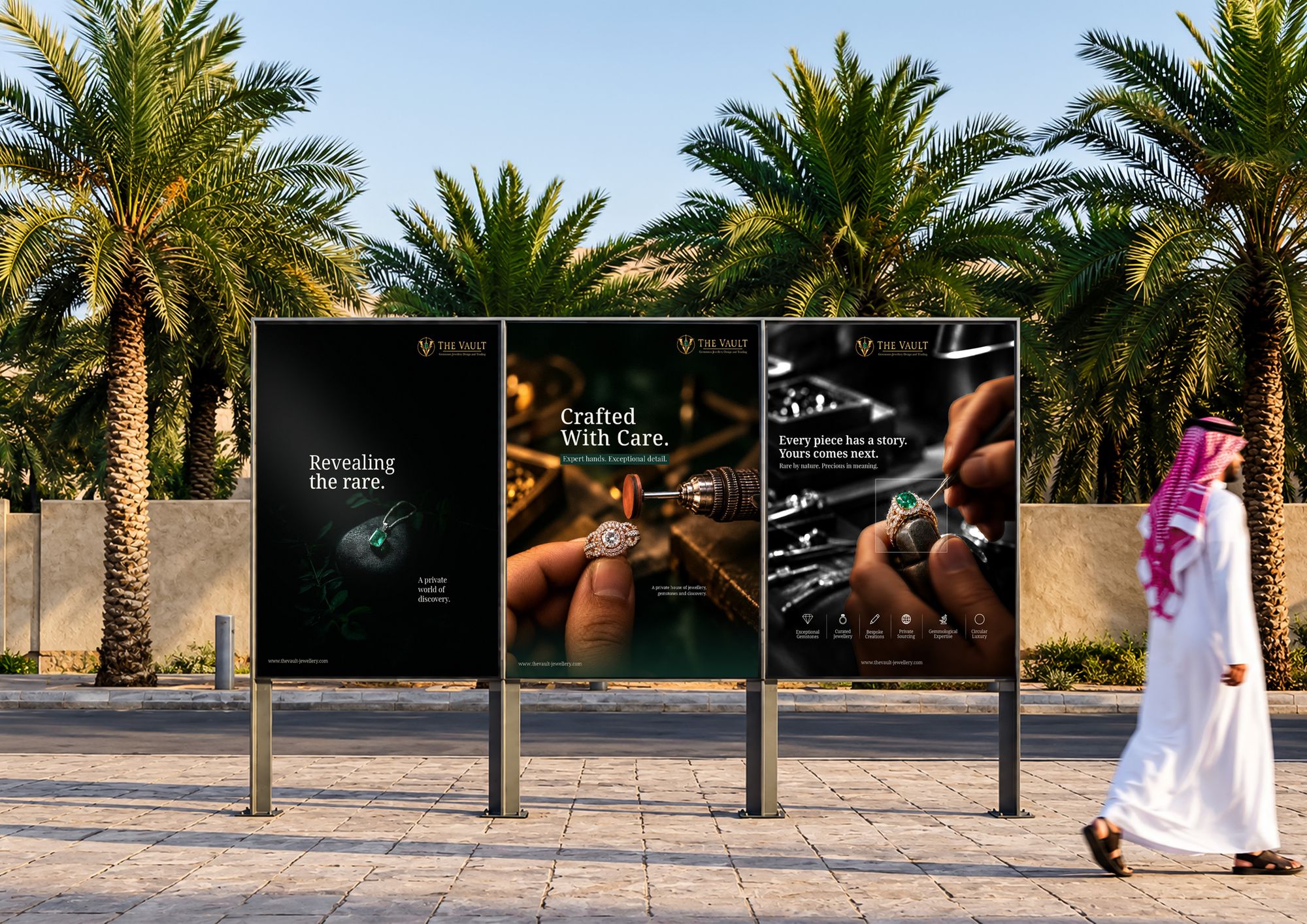 The three posters on outdoor stands among palms