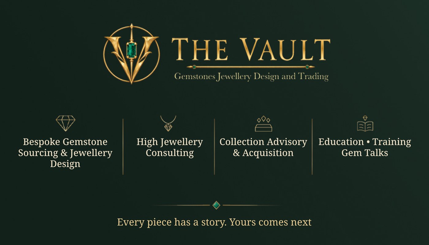 Business card, brand side: the logo, four services and the line Every piece has a story. Yours comes next