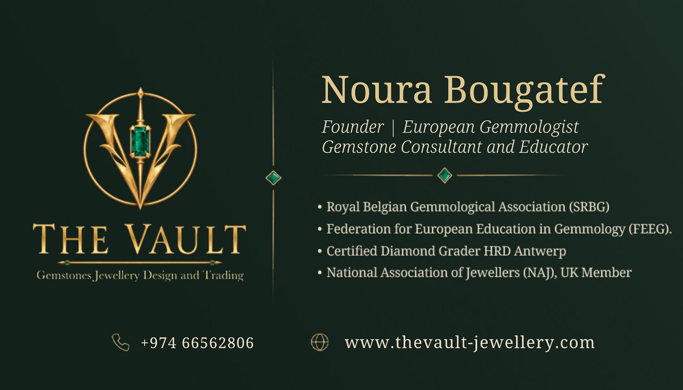 Business card, name side: Noura Bougatef, Founder, European Gemmologist, with her memberships, telephone and website