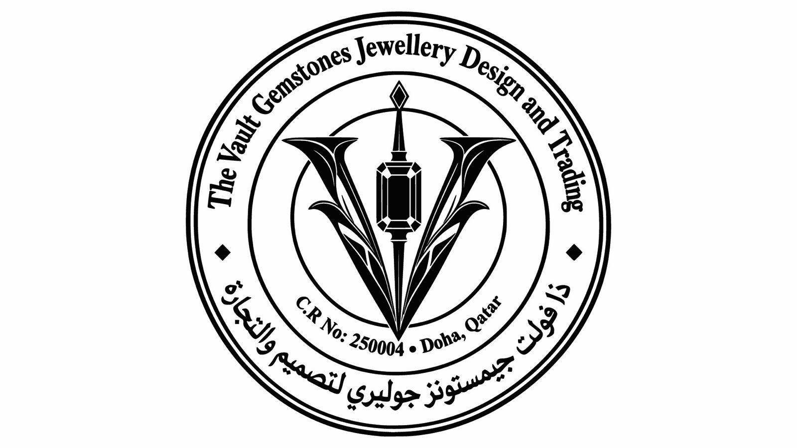 The company stamp: the V emblem inside two rings, the registered name in English and Arabic, C.R No. 250004, Doha, Qatar